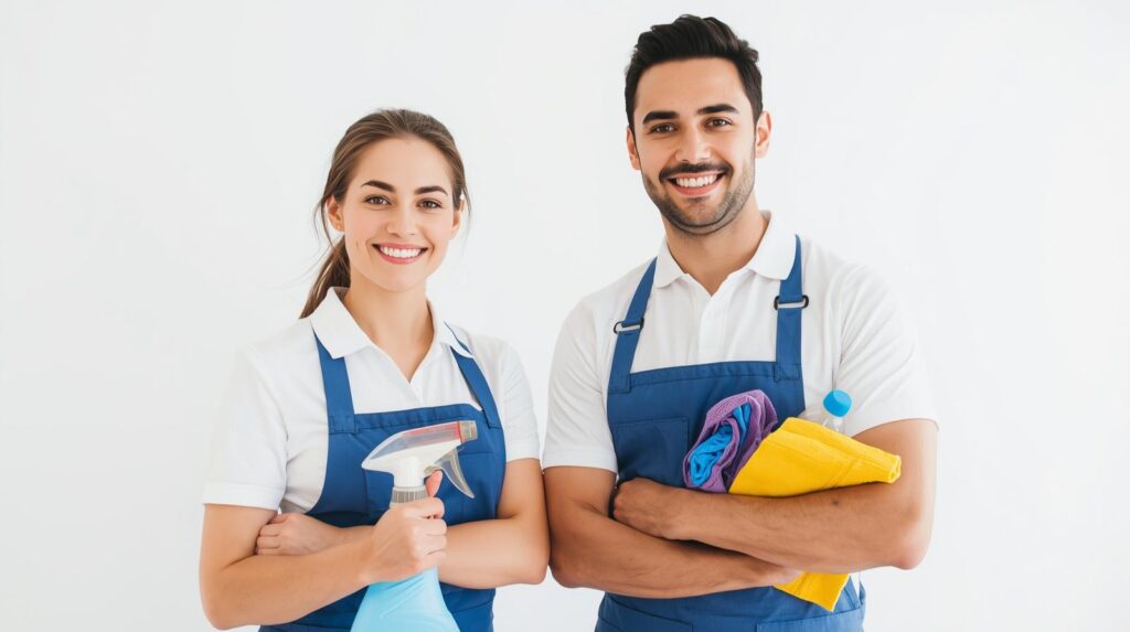 crear imagen modelo hermosa para pagina de servicio de limpieza que genere ventas fondo blanco mujer y hombre
